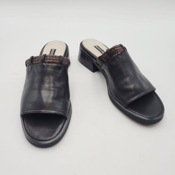 Sesto Meucci Womens 7 1/2M Black Leather Open Toe Slide Sandals Italy Woven - Picture 2 of 11